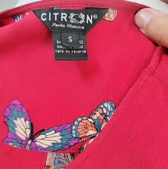 Citron Santa Monica 100% Silk  floral Butterfly midi length Caftan Small Luxury