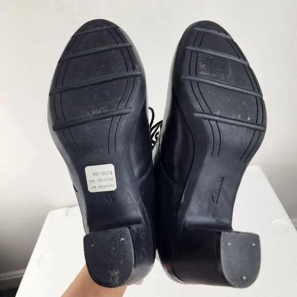 Clarks Artisan Lucette Drama Bootie Black Leather Lace-up Heels Women's Size 9.5