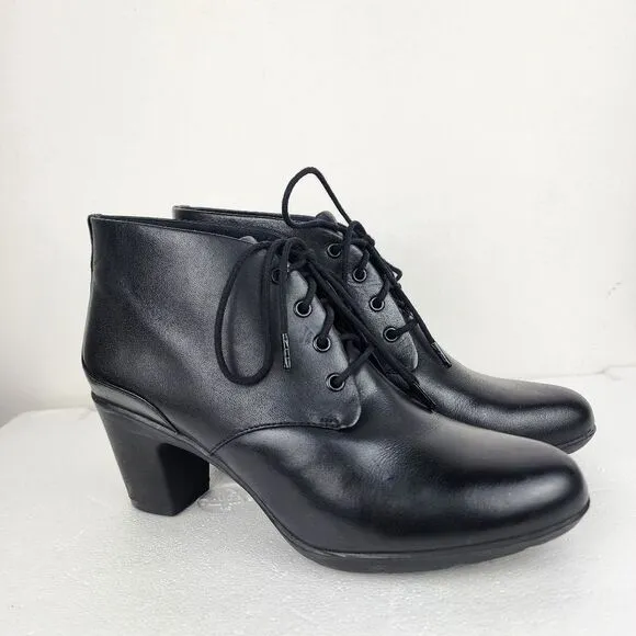 Clarks Artisan Lucette Drama Bootie Black Leather Lace-up Heels Women's Size 9.5