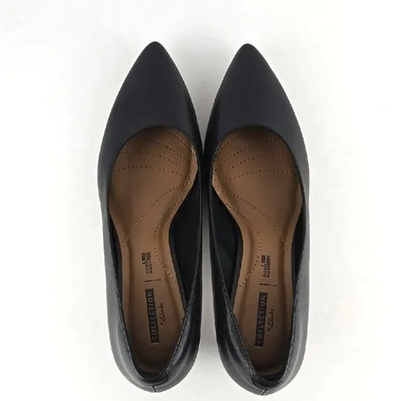 Clarks Crewso Wick Women's Black Leather Dress Shoe Kitty Heel Pointy Toe Sz 10M
