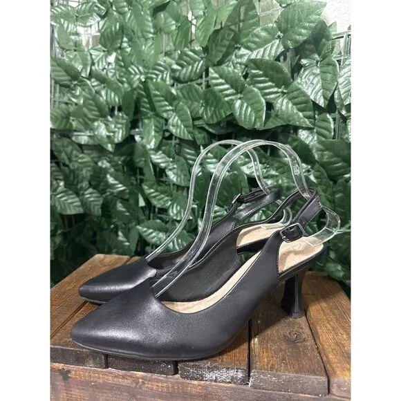 Clarks Slingback Pump Heels Slip On Leather Dress Kataleyna Almond Toe Black 8