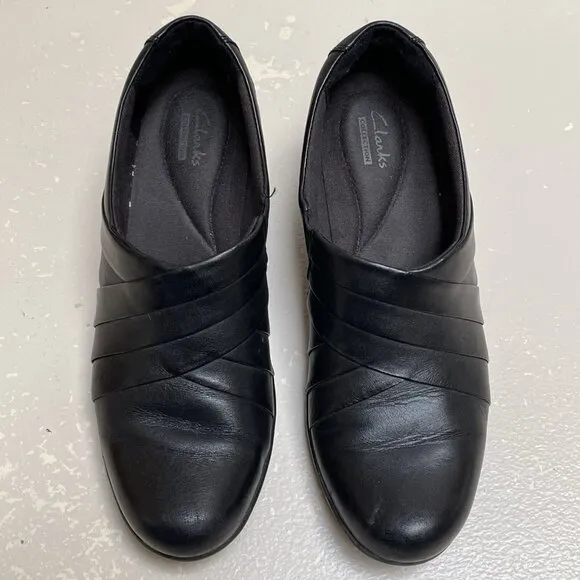 Clarks Slip On Shoes Women's 8.5 Black Leather Goth Cushioned Block Heel Career