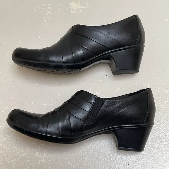 Clarks Slip On Shoes Women's 8.5 Black Leather Goth Cushioned Block Heel Career