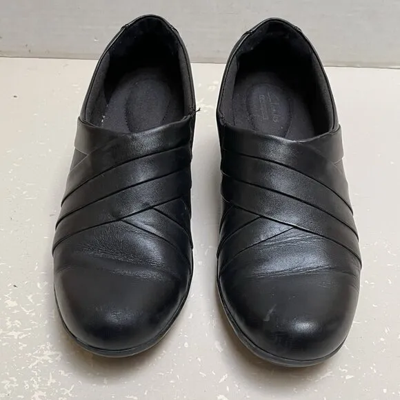 Clarks Slip On Shoes Women's 8.5 Black Leather Goth Cushioned Block Heel Career