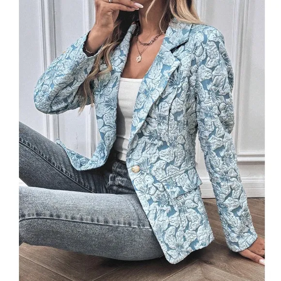 Classic Floral Textured Button Minimalist Blazer