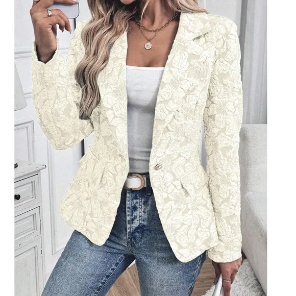 Classic Floral Textured Button Minimalist Blazer
