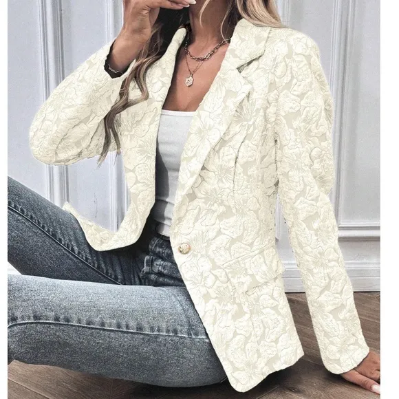 Classic Floral Textured Button Minimalist Blazer
