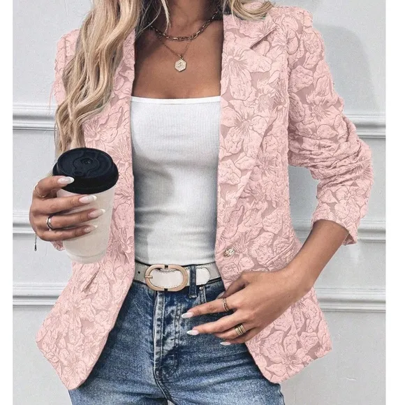 Classic Floral Textured Button Minimalist Blazer