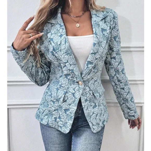 Classic Floral Textured Button Minimalist Blazer
