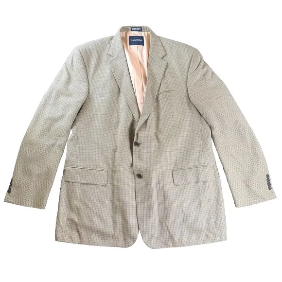 Classic Houndstooth Wool Silk Blazer 48L Neutral Smart Casual Quiet Luxury