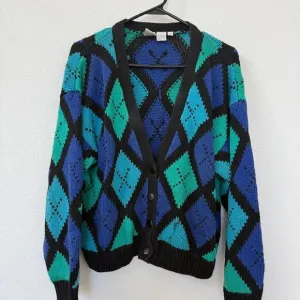 Clifford &amp; Wills Argyle Knit Cardigan Black Blue Vintage Retro Grandpacore M