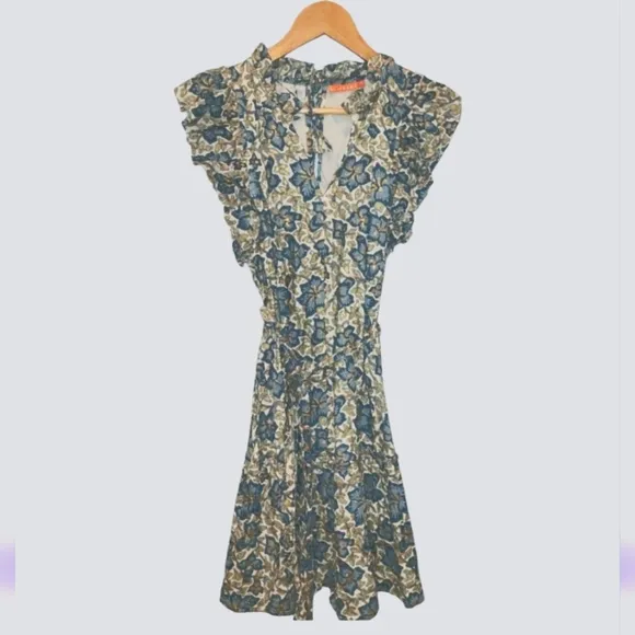 CLOSING - Oliphant - Flirty Ruffle Hem Dress - Blue Gold Ivy - XS - NWT