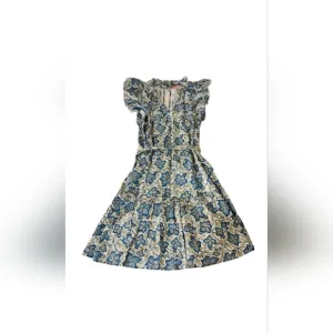 CLOSING - Oliphant - Flirty Ruffle Hem Dress - Blue Gold Ivy - XS - NWT