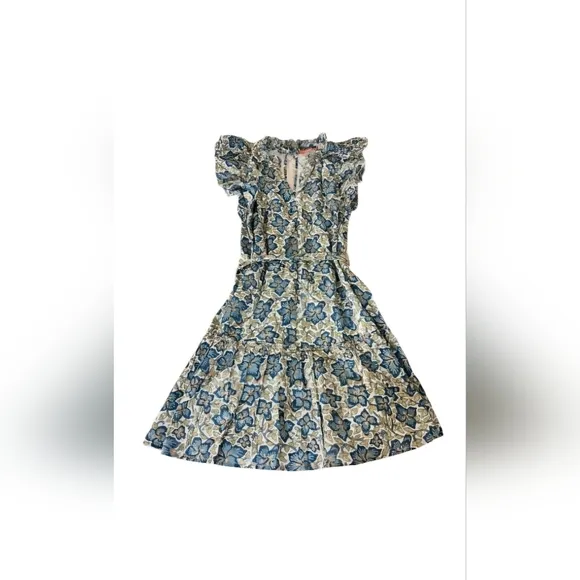 CLOSING - Oliphant - Flirty Ruffle Hem Dress - Blue Gold Ivy - XS - NWT