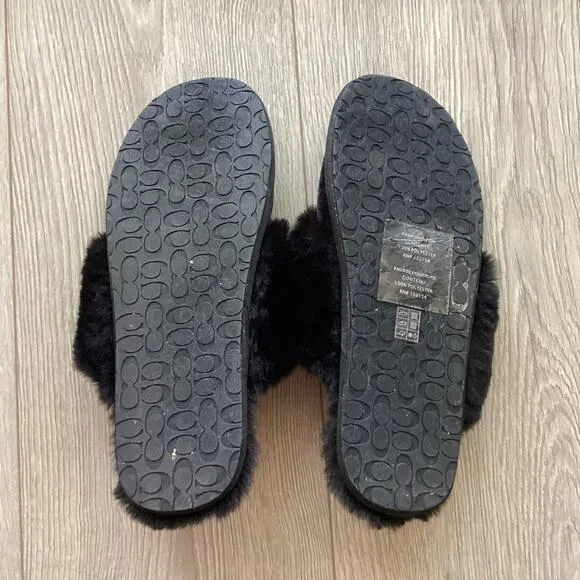 Coach Black Zuri Slippers w Faux Fur in Size 7.5/8. Preloved.