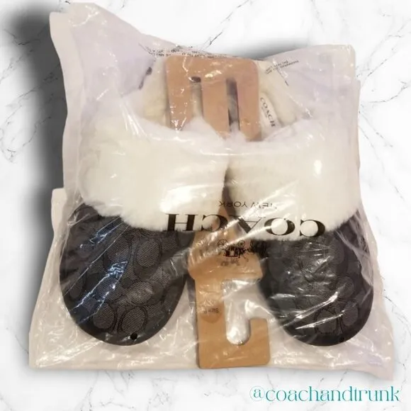COACH Charcoal Jacquard and Faux Fur Slippers Super Comfortable