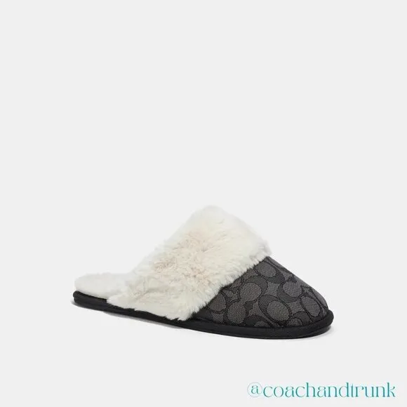 COACH Charcoal Jacquard and Faux Fur Slippers Super Comfortable