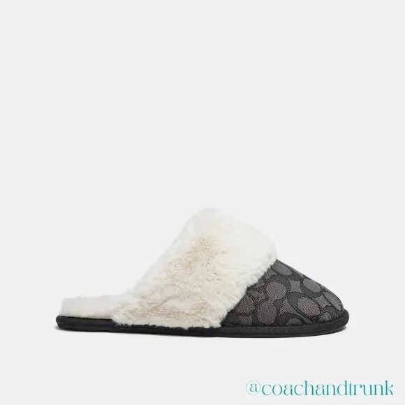 COACH Charcoal Jacquard and Faux Fur Slippers Super Comfortable