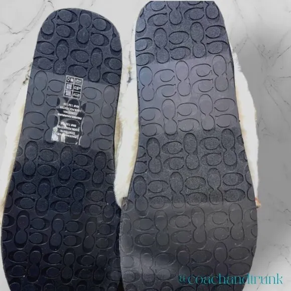 COACH Charcoal Jacquard and Faux Fur Slippers Super Comfortable