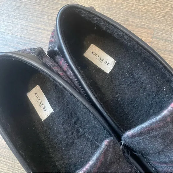 COACH FG4832 DARK GREY PLAID Faux Shearling SLIPPERS