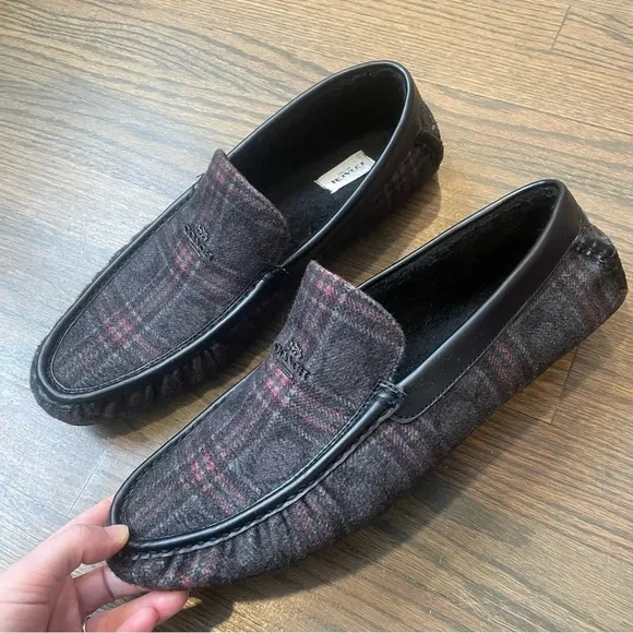COACH FG4832 DARK GREY PLAID Faux Shearling SLIPPERS