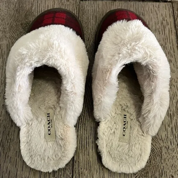 Coach Red Plaid Ziva Faux Fur Lined Slippers Women’s size 9.5
