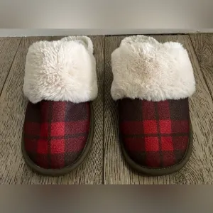 Coach Red Plaid Ziva Faux Fur Lined Slippers Women’s size 9.5