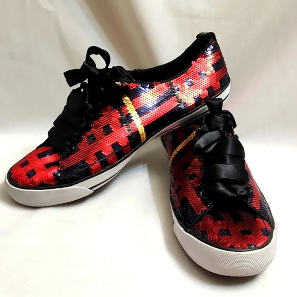 Coach Willa Sequin Red Navy Gold Large Lace sneakers (w size 7)