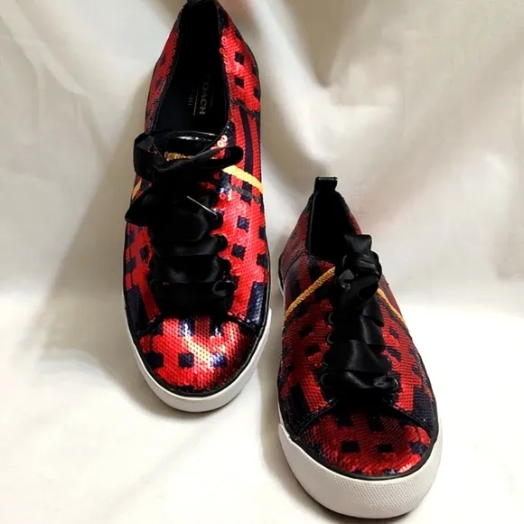 Coach Willa Sequin Red Navy Gold Large Lace sneakers (w size 7)