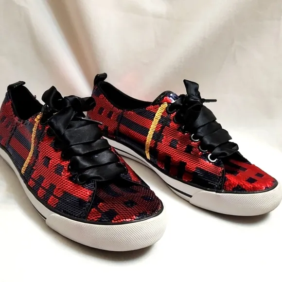 Coach Willa Sequin Red Navy Gold Large Lace sneakers (w size 7)