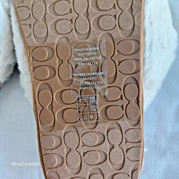 Coach Ziva Slippers Signature Jacquard &amp; Faux Fur Upper Size 10B Khaki NWT
