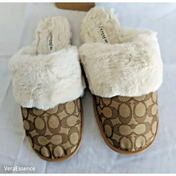 Coach Ziva Slippers Signature Jacquard &amp; Faux Fur Upper Size 10B Khaki NWT