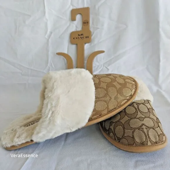 Coach Ziva Slippers Signature Jacquard &amp; Faux Fur Upper Size 10B Khaki NWT
