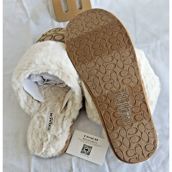 Coach Ziva Slippers Signature Jacquard &amp; Faux Fur Upper Size 10B Khaki NWT