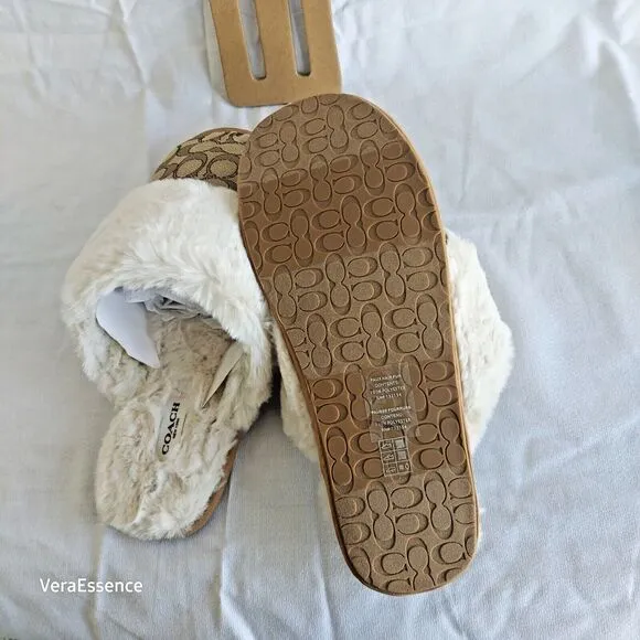 Coach Ziva Slippers Signature Jacquard &amp; Faux Fur Upper Size 10B Khaki NWT