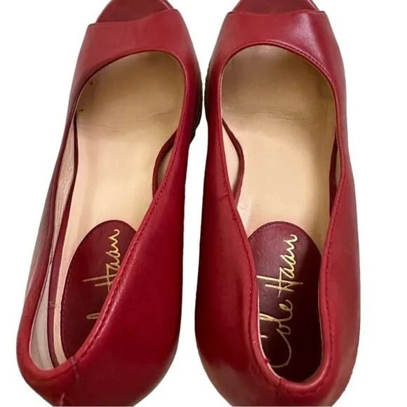 Cole Haan Wedge Shoes Red Leather Open Toe Cork Wedge Heel Shoes Size 7B