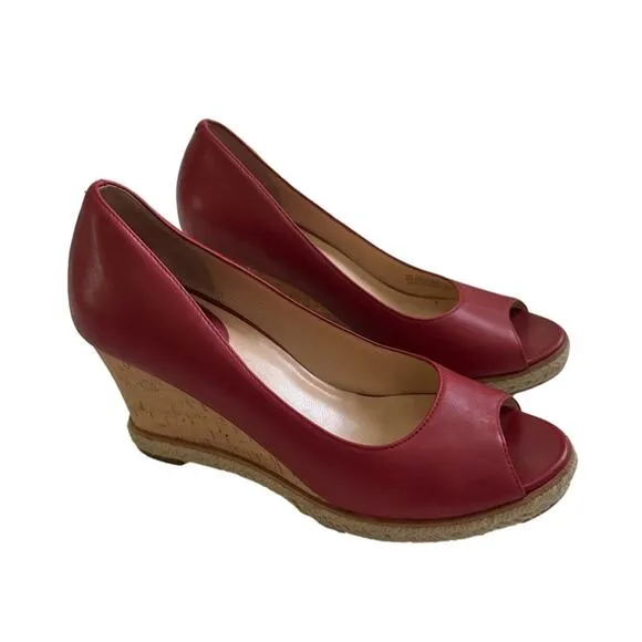 Cole Haan Wedge Shoes Red Leather Open Toe Cork Wedge Heel Shoes Size 7B