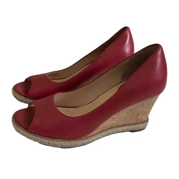 Cole Haan Wedge Shoes Red Leather Open Toe Cork Wedge Heel Shoes Size 7B