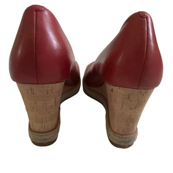 Cole Haan Wedge Shoes Red Leather Open Toe Cork Wedge Heel Shoes Size 7B