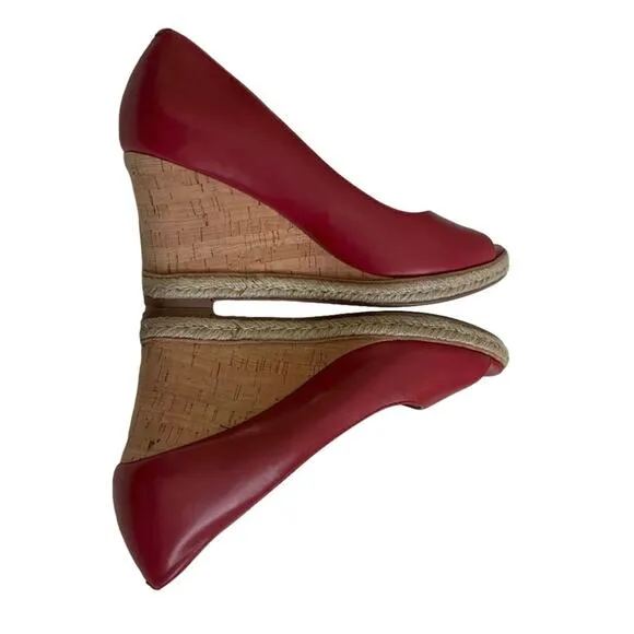 Cole Haan Wedge Shoes Red Leather Open Toe Cork Wedge Heel Shoes Size 7B