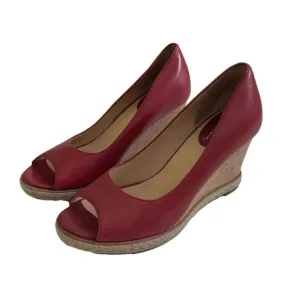 Cole Haan Wedge Shoes Red Leather Open Toe Cork Wedge Heel Shoes Size 7B