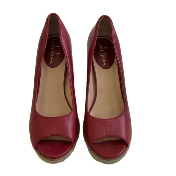Cole Haan Wedge Shoes Red Leather Open Toe Cork Wedge Heel Shoes Size 7B