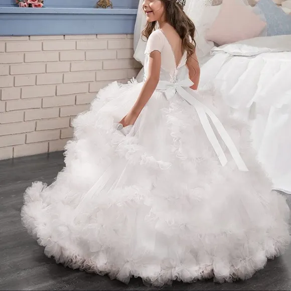 COLOR: WHITE -Stunning V-Back Luxury Pageant Tulle