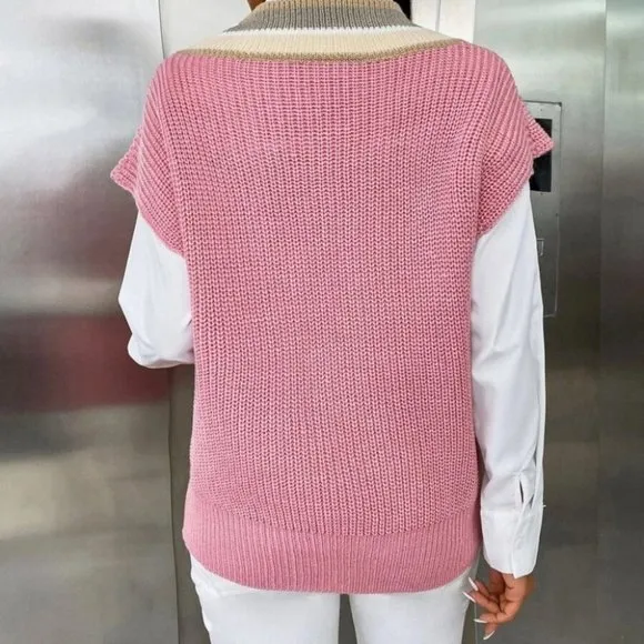 Colorblock Striped Trim V-neck Sweater Vest Pink