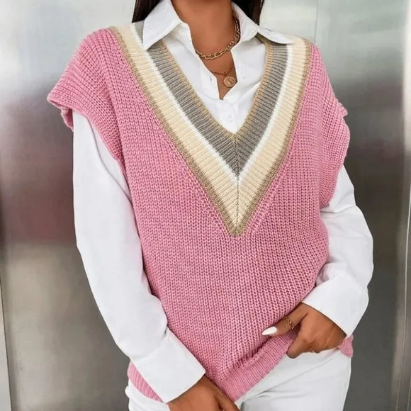 Colorblock Striped Trim V-neck Sweater Vest Pink