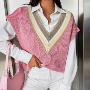 Colorblock Striped Trim V-neck Sweater Vest Pink