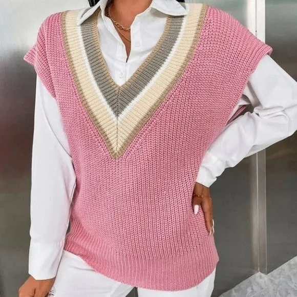 Colorblock Striped Trim V-neck Sweater Vest Pink
