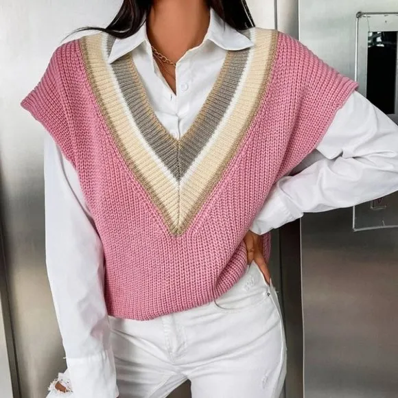 Colorblock Striped Trim V-neck Sweater Vest Pink