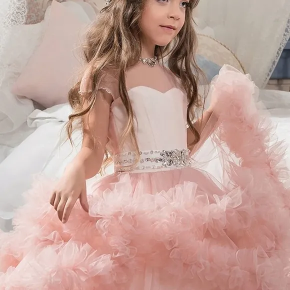 COLOR:PINK -Stunning V-Back Luxury Pageant Tulle