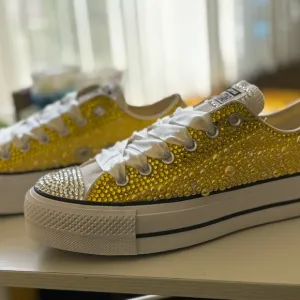 Converse Yellow and White Crystal Embellished Athletic Shoes